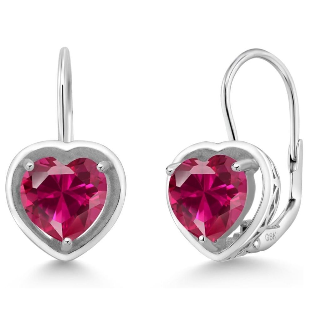 925 Sterling Silver with 2.80 Cttw 7MM Ruby Heart Leverback Drop Earrings
